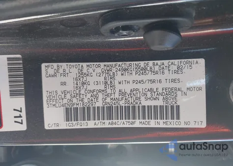 2015 Toyota Tacoma Base V6 z USA, uszkodzony, nr VIN 3TMLU4EN9FM182297